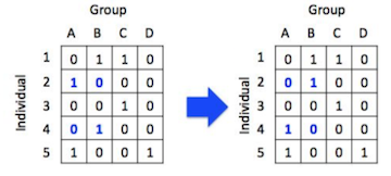 Figure: One iteration of the sequential swap process. You can see that the row and column totals remain the same after each swap.